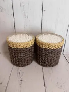 綿棒ケースカバー　小物入れ　茶　薄カーキ　小物入カバー　2点セット　ハンドメイド