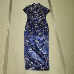 ネイビー 竹模様 チャイナドレス 半袖