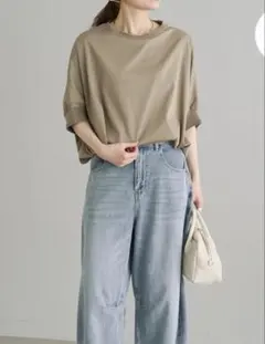 未使用 PUAL CE CIN 両面シルケットリブ袖Tシャツ　ベージュのサムネイル