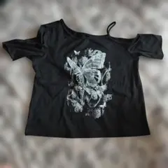蝶プリント 黒 オフショルダーTシャツ