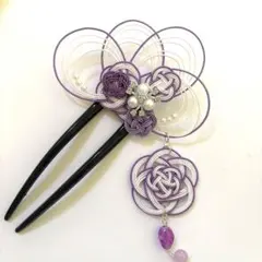 80 かんざし　Ｕ字型 白　薄紫　パール　ハンドメイド