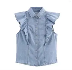 ZARA フリル付きデニムノースリーブシャツ Sサイズ