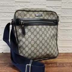 グッチ GGスプリーム PVC × レザー ショルダー バッグ ネイビー GG