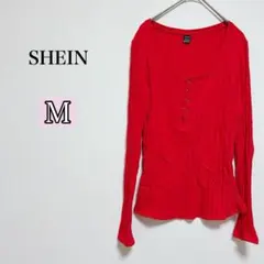 SHEIN シーイン リブ編み レッド 長袖 カットソー 【M】 クリスマス