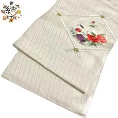 MO-3151 名古屋帯 刺繍の牡丹と菊 銀駒刺繍 白練色