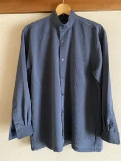 【美品】Megalo Jeustonバンドカラーシャツ Lダークブルー長袖