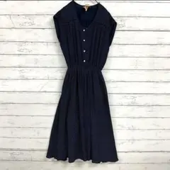 【東京ブラウス】ドット柄ロングワンピース 紺 体型カバー 春夏 美シルエット