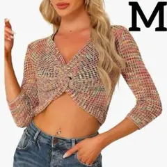 レディース クロップド丈 かぎ編み ニット vネック 短丈 カラフル 春夏 M