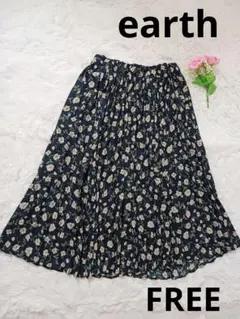 【美品】earth　花柄プリーツロングスカート ネイビー　FREE　ウエストゴム