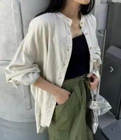 チャオパニックティピー リネンレーヨンバンドカラーBIGシャツ グレー