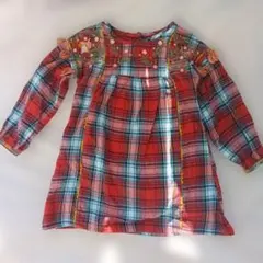 チェック柄刺繍七分袖ワンピース