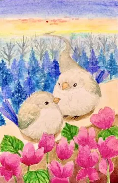 水彩風景画 花と木のある家　値段は※900円です 水彩風景画 アリウムギガンチウムと家 値段は※900円です - メルカリ