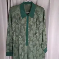 長袖 シャツ ブラウス グリーン 花柄 シアー素材