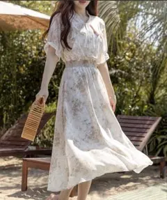 DAY CLOSET 小花柄ボウタイシフォンAラインリゾートワンピース