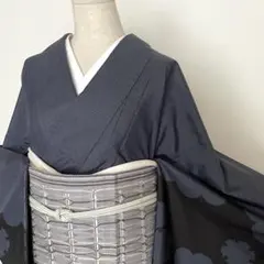 しつけ付き大島紬 藍泥 雪輪×雲 付下げ正絹着物