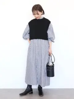 AMERICAN HOLIC SETニットベスト＋ギャザーシャツワンピース