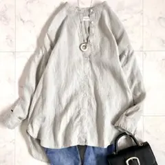 美品 アーバンリサーチドアーズ リネン スタンドカラーワイド シャツ グレー F