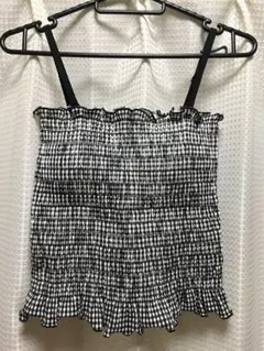 coca OUT BRA カップ付きシャーリングキャミ S 白黒チェック