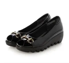 美品　ヒルズアヴェニュー　黒 オープントゥ ウェッジソール シューズ