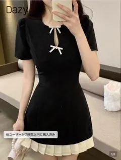 Dazy ブラック 半袖 ミニワンピース ビジューリボン