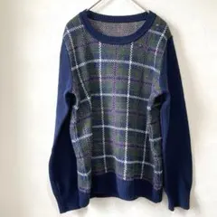 フェリシモ チェック柄ニット セーター 長袖 ネイビー×グリーン（M）