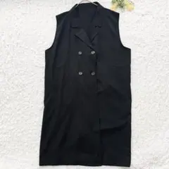 大きいサイズ✨ロングベストジレ　5L 黒　着痩せ　体型カバー　重ね着　春　薄手