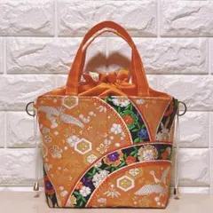帯リメイク　オレンジ色地　祝い古典柄刺繍　あおりポケ巾着トート　2WAY