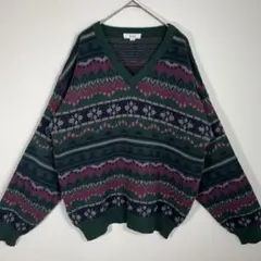 L フィアアイル柄 Vネック ヴィンテージ 幾何学模様 総柄 古着 ユニセックス