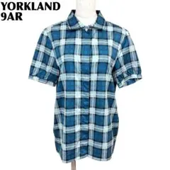 【美品】 YORKLAND 半袖シャツ チェック 綿 9AR 青×白 チェック