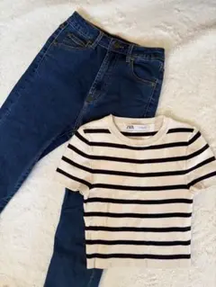 ZARA ストライプ 半袖ニット S clear ジーパン S