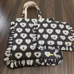 ハート柄フリル付きトートバッグとポーチセット