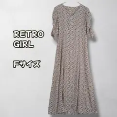 S0391　小花柄ロングワンピース　フレア　半袖　ナチュラル　ベージュ　F