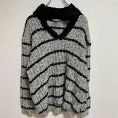 vece レディースニット　セーター　Vネック ボーダー柄　グレー　黒　S