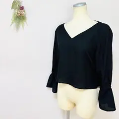 【エヴリス】長袖Vネックシアーブラウス　フリー　黒ブラック　カシュクール　透け感のサムネイル