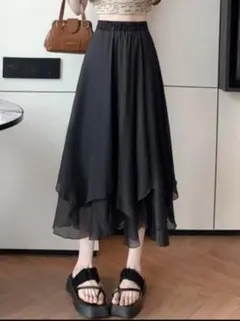 ティアード フレア シフォン ブラック 裾フリル Aライン ロングスカート