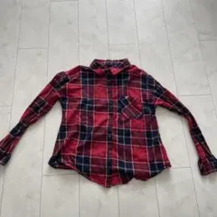 平成ギャル　赤と紺のチェック柄長袖シャツ M