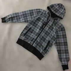 ★b3228 Navy【M】グレー チェック パーカー
