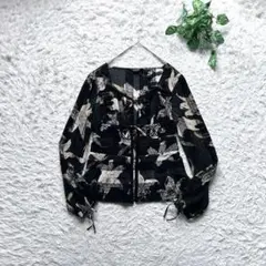 美品 インゲボルグ 花柄 カーディガン リボン 刺繍 シースルー ブラック