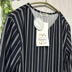 しまむらhareiro ハレイロ　ストライプVネックブラウスTシャツ紺　Ｍ　新品
