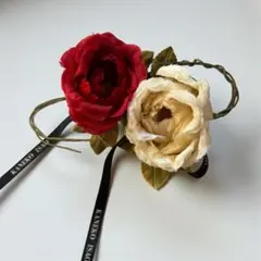 希少　カネコイサオ　ヴィンテージ　ローズコサージュ　２点セット　リボン　赤白