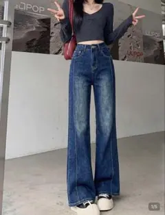 SHEIN レトロ マイクロフレア ストレッチデニムジーンズ ダークブルー