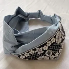 a68 ブルー　ピンク　インド刺繍リボン　クロス　ターバン　ハンドメイド