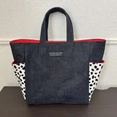 岡山デニム　白ダルメシアン×赤　サイドポケット　トートバッグ　ハンドメイド