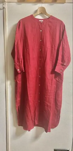 HEAVENLY 7分袖ロングシャツワンピース赤　麻