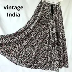 80s vintage 黒　ピンク　小花柄　インド綿　マキシスカート　古着