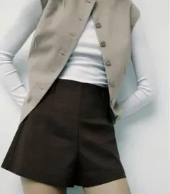 zara チェックハイウエストショートパンツ　ダークブラウン