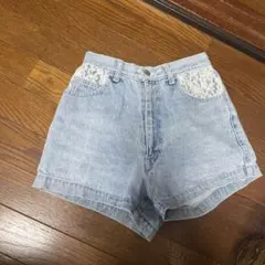 レース装飾付きライトブルーショートパンツ M 古着