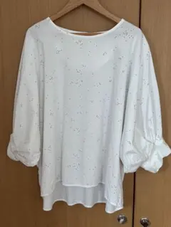 フェリシモ サニークラウズ ドット柄ブラウス シャツ 白 7分袖 ゆったり