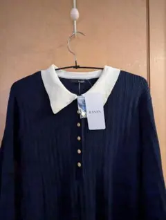 RANAN ラナン ポロカラーリブニットワンピース〈ネイビー〉L