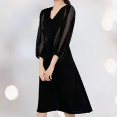 【美品】パーティドレス ラメ ベロア シースルー 7分袖 ワンピース お呼ばれ黒